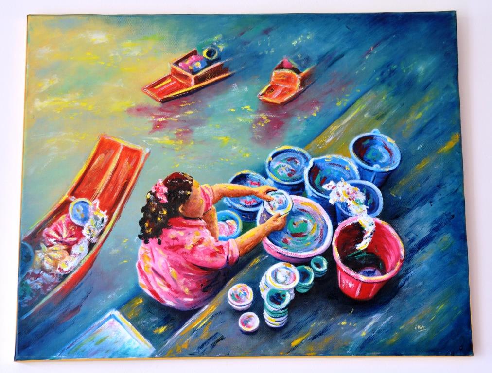 A l'heure de la vaisselle, marché flottant de Damnoen Sadusak, Thaïlande, huile sur châssis toilé coton, format 60x50cm, 2016, 320€