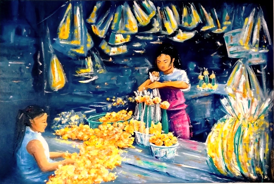 Les oeillets jaunes, un nouvel an à Bangkok, huile sur châssis toilé coton, format 70x50cm, 2017, 400€