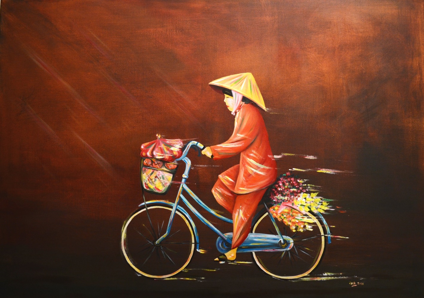 Retour de marché, version soleil couchant, huile sur châssis toilé coton, format 70x50cm, 2016, collection privée