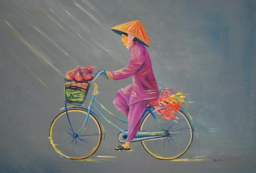 Retour de marché, version citadine, huile sur châssis toilé coton, format 60x50cm, 2016, collection privée